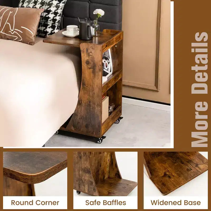 Costway Side Table with Rolling Casters Mobile C-shaped End Table with 2-Tier Open Storage Shelf &2 Back Storage Compartments Brown/Grey