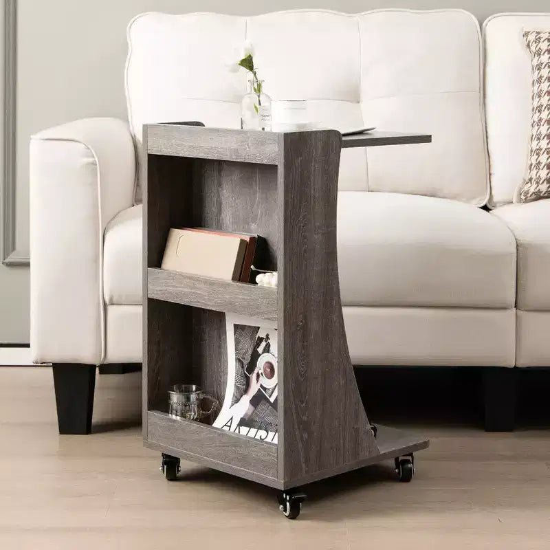 Costway Side Table with Rolling Casters Mobile C-shaped End Table with 2-Tier Open Storage Shelf &2 Back Storage Compartments Brown/Grey