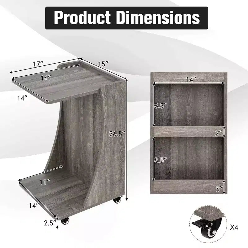 Costway Side Table with Rolling Casters Mobile C-shaped End Table with 2-Tier Open Storage Shelf &2 Back Storage Compartments Brown/Grey