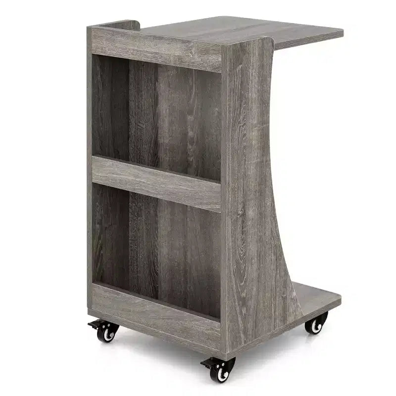 Costway Side Table with Rolling Casters Mobile C-shaped End Table with 2-Tier Open Storage Shelf &2 Back Storage Compartments Brown/Grey