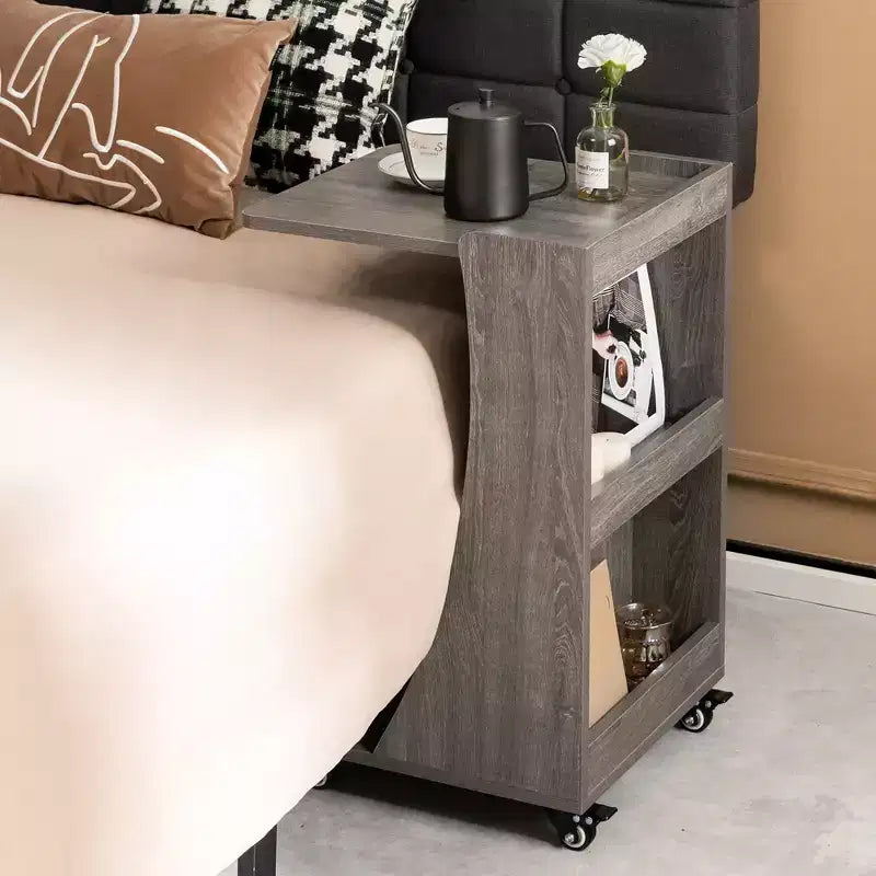 Costway Side Table with Rolling Casters Mobile C-shaped End Table with 2-Tier Open Storage Shelf &2 Back Storage Compartments Brown/Grey