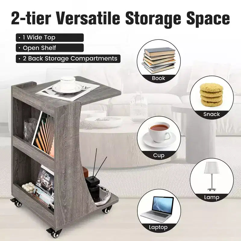 Costway Side Table with Rolling Casters Mobile C-shaped End Table with 2-Tier Open Storage Shelf &2 Back Storage Compartments Brown/Grey