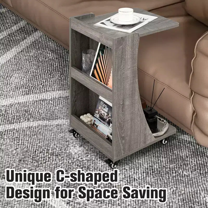 Costway Side Table with Rolling Casters Mobile C-shaped End Table with 2-Tier Open Storage Shelf &2 Back Storage Compartments Brown/Grey