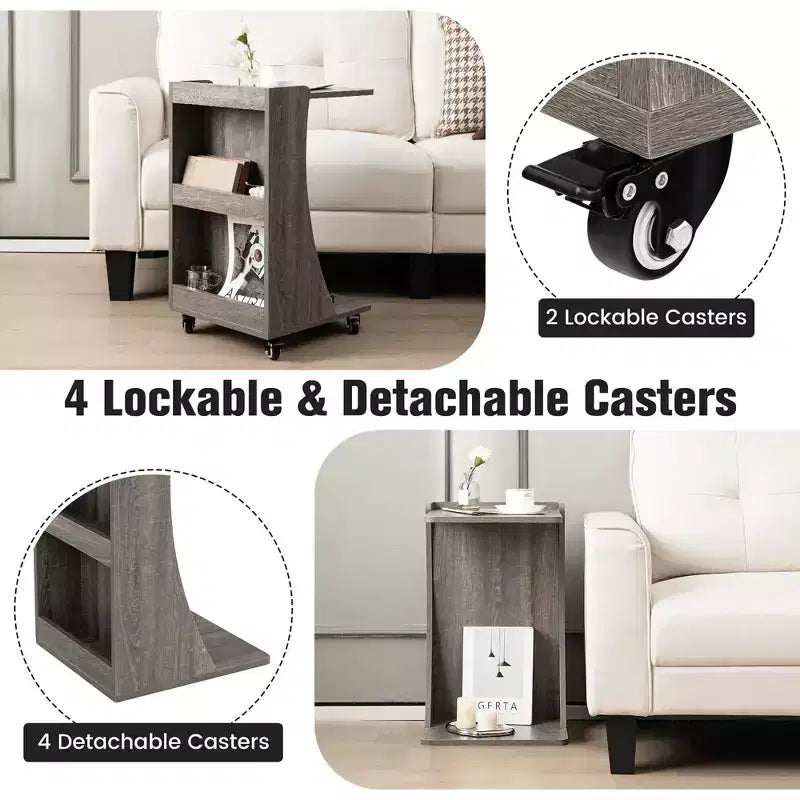 Costway Side Table with Rolling Casters Mobile C-shaped End Table with 2-Tier Open Storage Shelf &2 Back Storage Compartments Brown/Grey