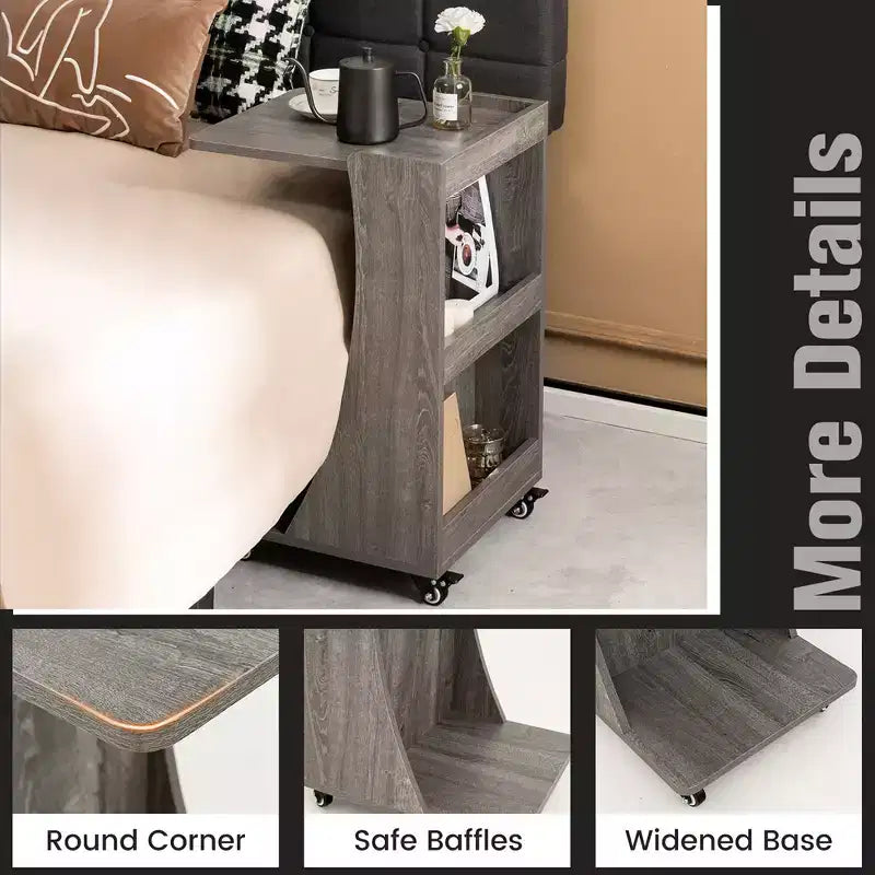 Costway Side Table with Rolling Casters Mobile C-shaped End Table with 2-Tier Open Storage Shelf &2 Back Storage Compartments Brown/Grey