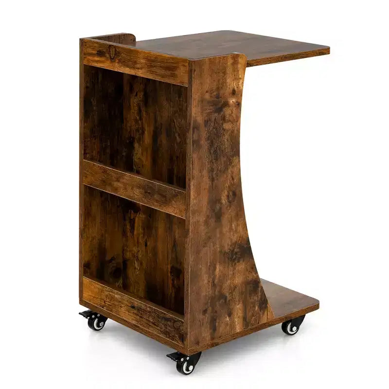 Costway Side Table with Rolling Casters Mobile C-shaped End Table with 2-Tier Open Storage Shelf &2 Back Storage Compartments Brown/Grey