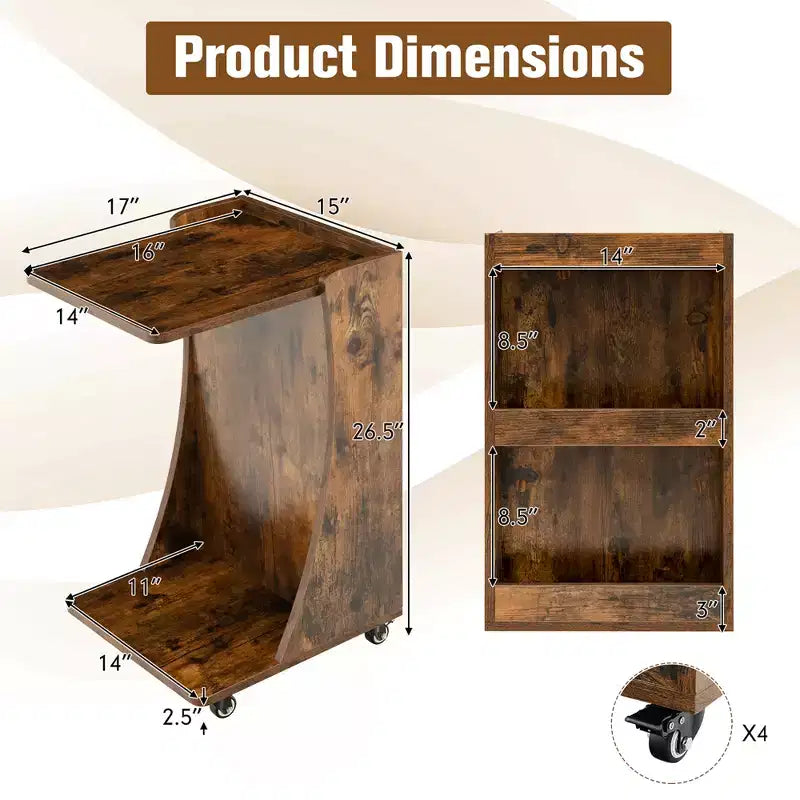 Costway Side Table with Rolling Casters Mobile C-shaped End Table with 2-Tier Open Storage Shelf &2 Back Storage Compartments Brown/Grey