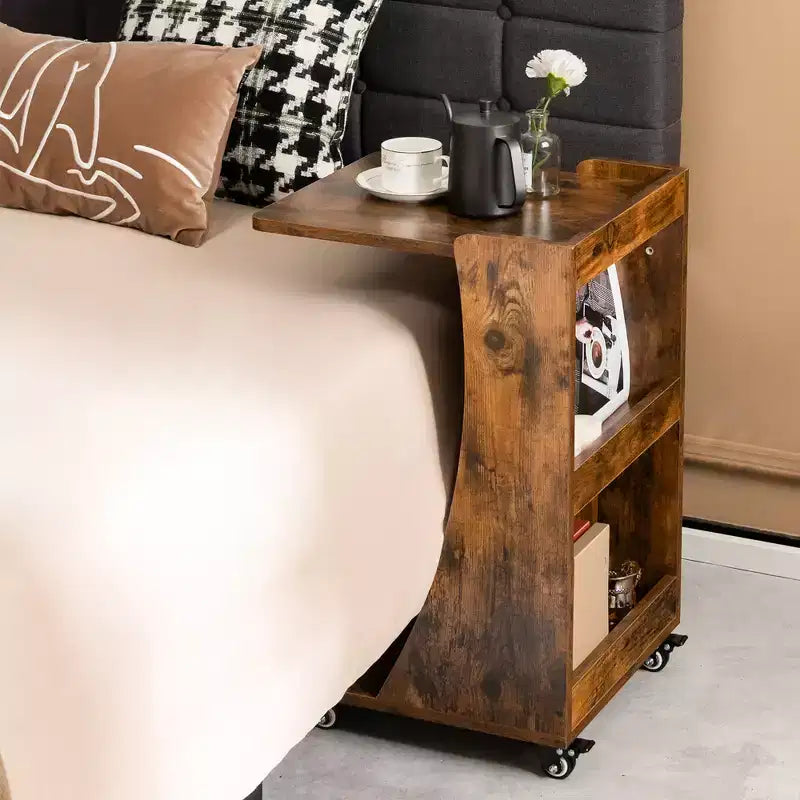 Costway Side Table with Rolling Casters Mobile C-shaped End Table with 2-Tier Open Storage Shelf &2 Back Storage Compartments Brown/Grey