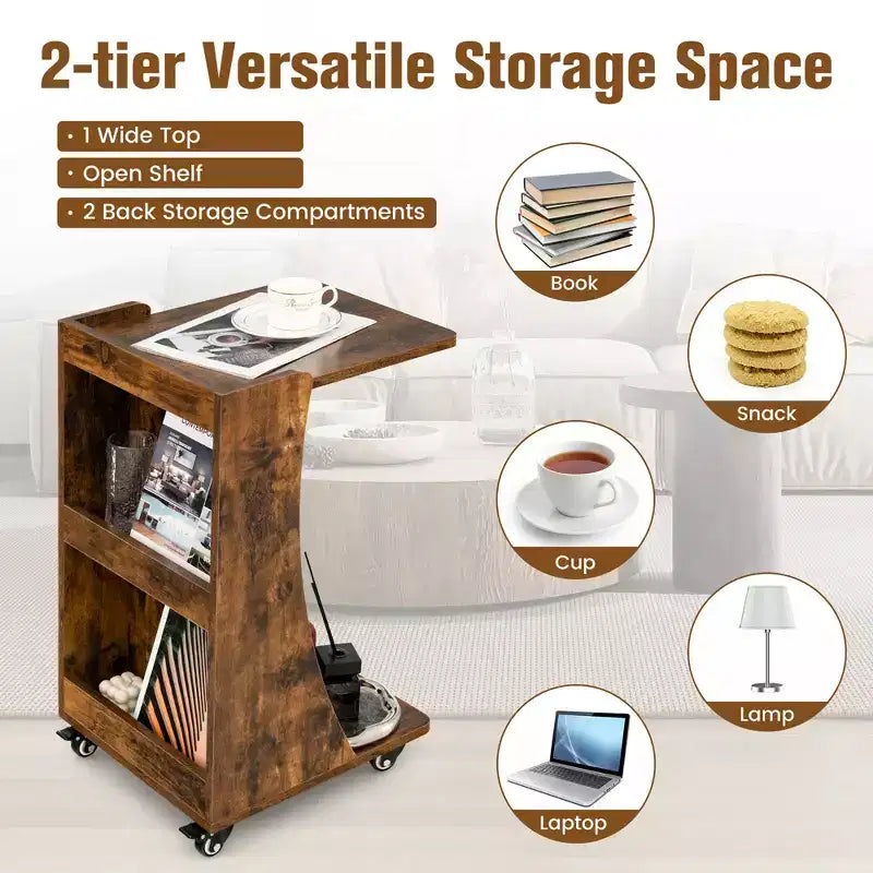 Costway Side Table with Rolling Casters Mobile C-shaped End Table with 2-Tier Open Storage Shelf &2 Back Storage Compartments Brown/Grey
