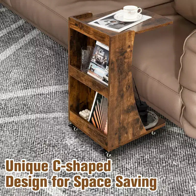Costway Side Table with Rolling Casters Mobile C-shaped End Table with 2-Tier Open Storage Shelf &2 Back Storage Compartments Brown/Grey