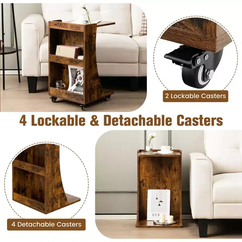 Costway Side Table with Rolling Casters Mobile C-shaped End Table with 2-Tier Open Storage Shelf &2 Back Storage Compartments Brown/Grey