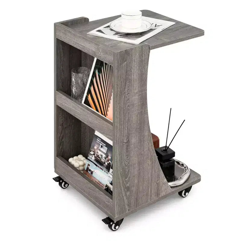 Table d'appoint Costway avec roulettes, table d'appoint mobile en forme de C avec étagère de rangement ouverte à 2 niveaux et 2 compartiments de rangement arrière marron/gris