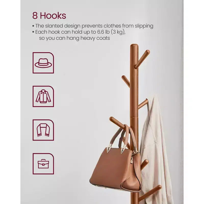 VASAGLE Solid Wood Coat Rack Free Standing with 8 Hooks