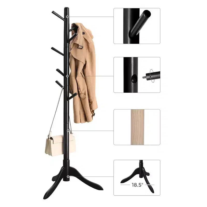 VASAGLE Solid Wood Coat Rack Free Standing with 8 Hooks
