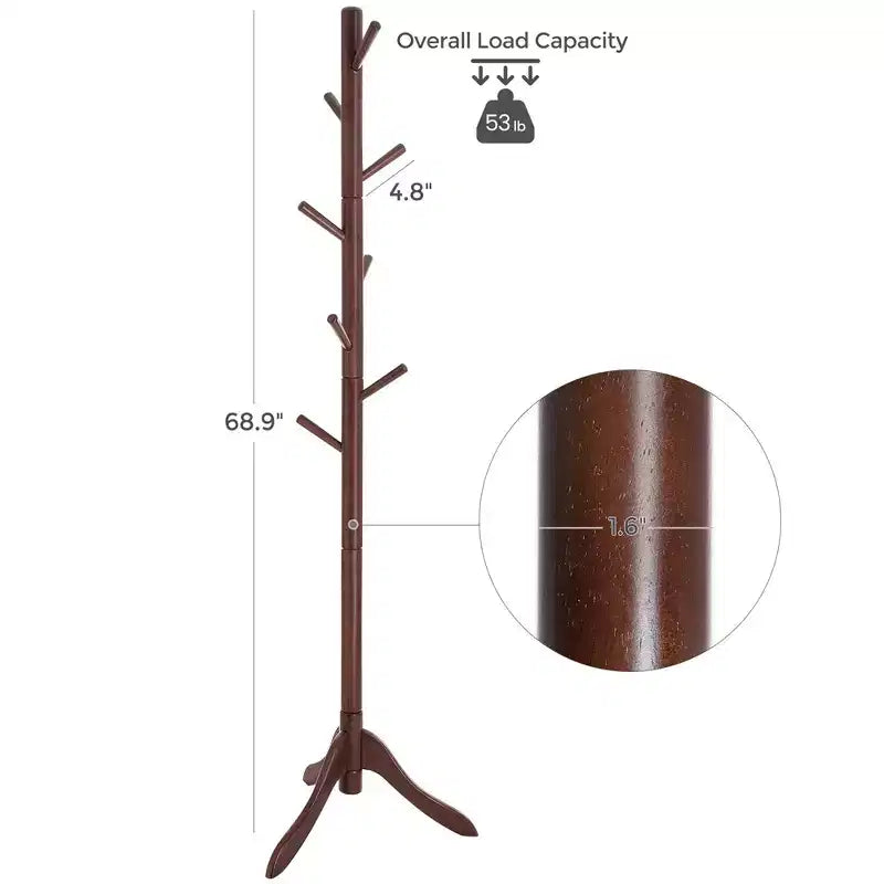 VASAGLE Solid Wood Coat Rack Free Standing with 8 Hooks