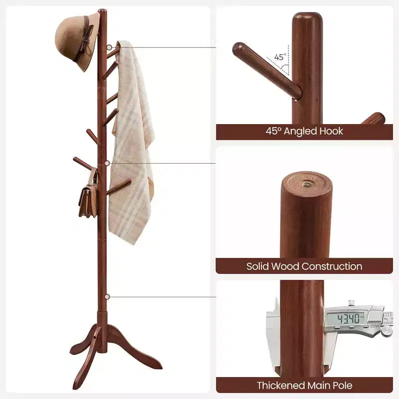 VASAGLE Solid Wood Coat Rack Free Standing with 8 Hooks