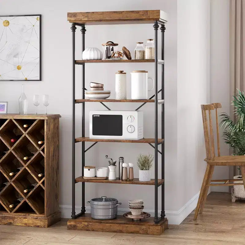 Whizmax Industrial Bookshelf Wood Bookcase 6 Tier Storage Open Rack Shelf Metal Frame for Bedroom,Living Room and Home Office