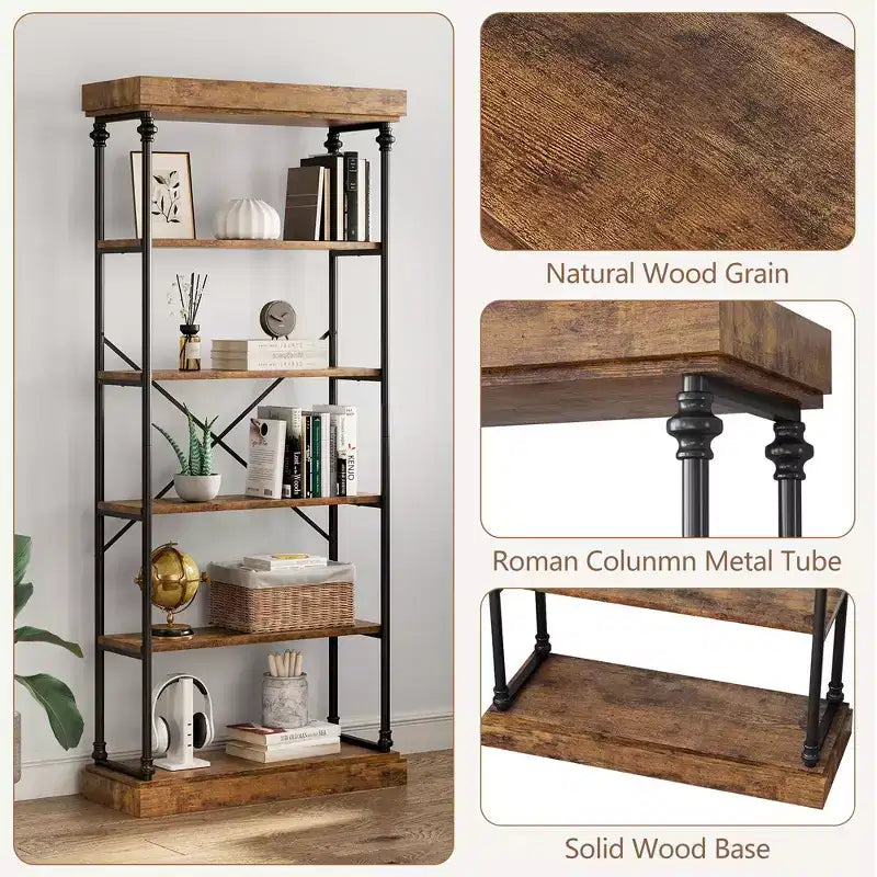 Whizmax Industrial Bookshelf Wood Bookcase 6 Tier Storage Open Rack Shelf Metal Frame for Bedroom,Living Room and Home Office
