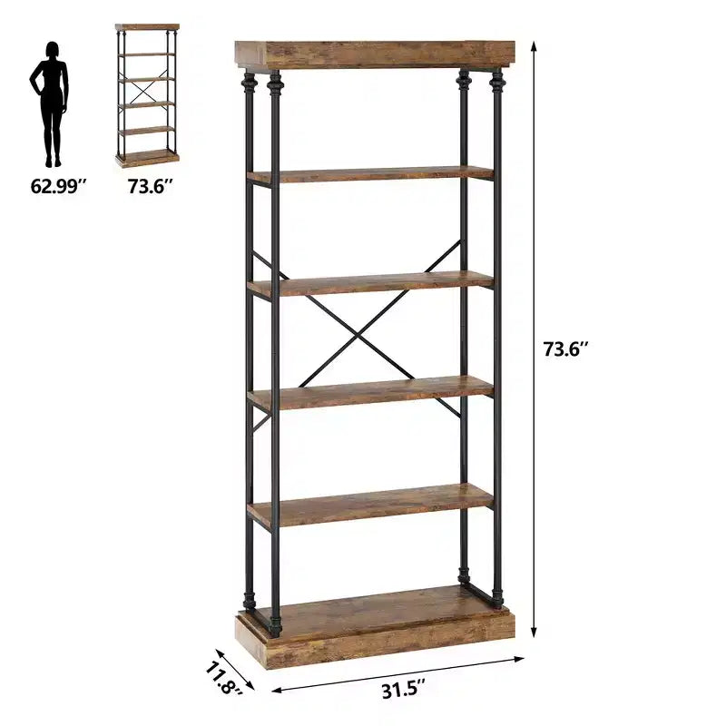 Whizmax Industrial Bookshelf Wood Bookcase 6 Tier Storage Open Rack Shelf Metal Frame for Bedroom,Living Room and Home Office