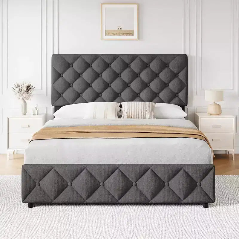 Whizmax Linen Upholstered Platform Bed Frame with 4 Storage Drawers and Headboard, Diamond Stitched Button Tufted, Gray
