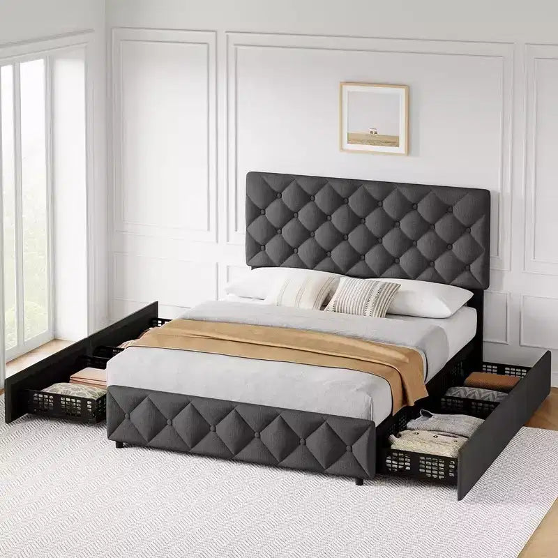 Whizmax Linen Upholstered Platform Bed Frame with 4 Storage Drawers and Headboard, Diamond Stitched Button Tufted, Gray