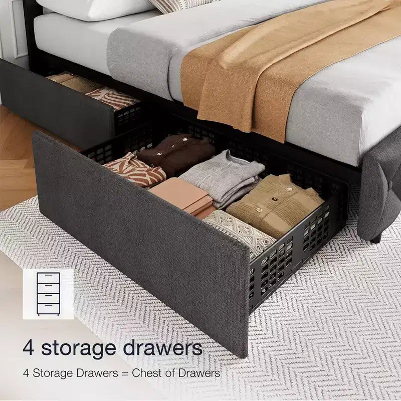 Whizmax Linen Upholstered Platform Bed Frame with 4 Storage Drawers and Headboard, Diamond Stitched Button Tufted, Gray