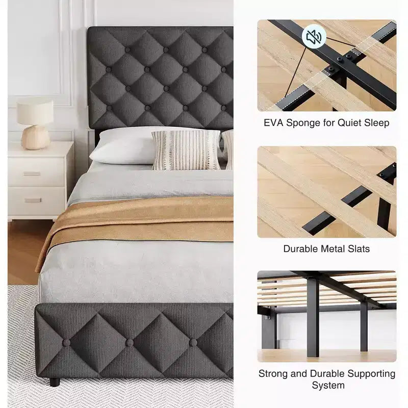Whizmax Linen Upholstered Platform Bed Frame with 4 Storage Drawers and Headboard, Diamond Stitched Button Tufted, Gray