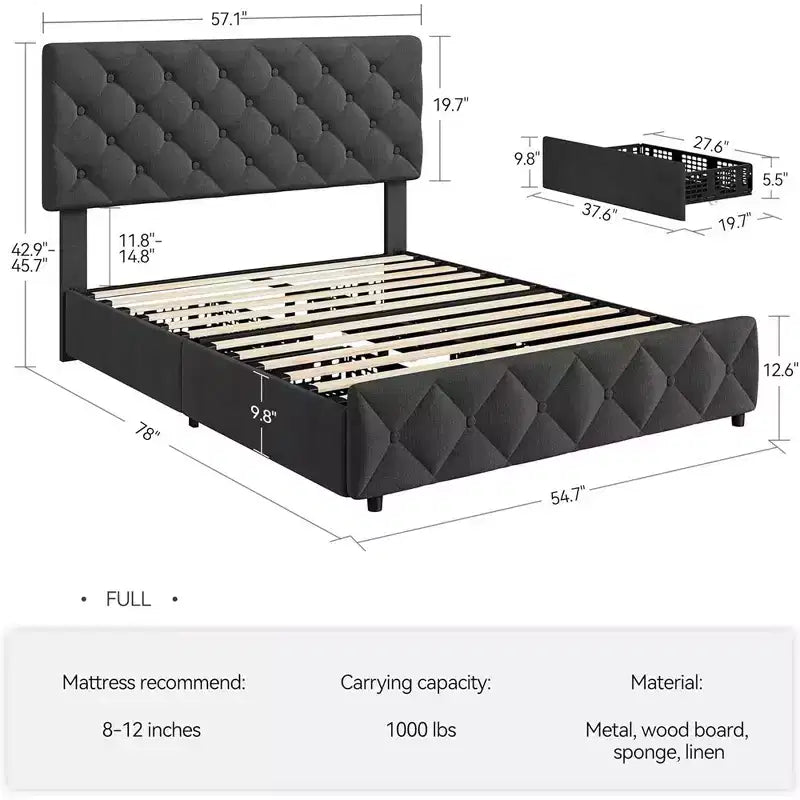 Whizmax Linen Upholstered Platform Bed Frame with 4 Storage Drawers and Headboard, Diamond Stitched Button Tufted, Gray