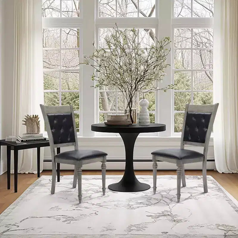 LuxenHome Set of 2 Gray Rubberwood and Upholstered Black Dining Chair