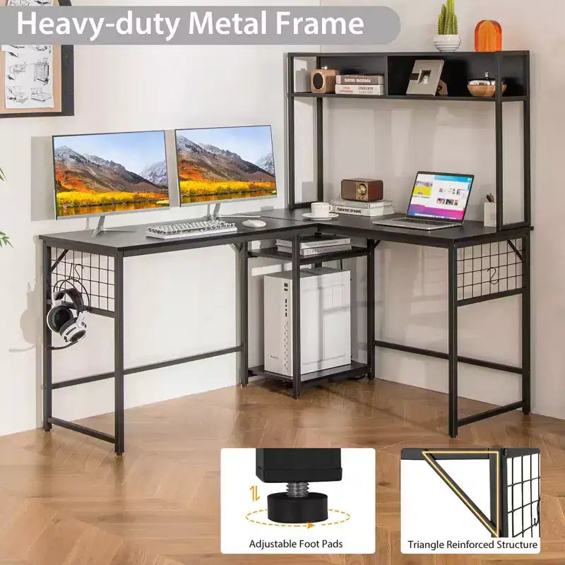 Costway L-shaped Desk with Power Outlet Large Corner Desk Converts to 2-Person Long Desk Rustic Brown/Black
