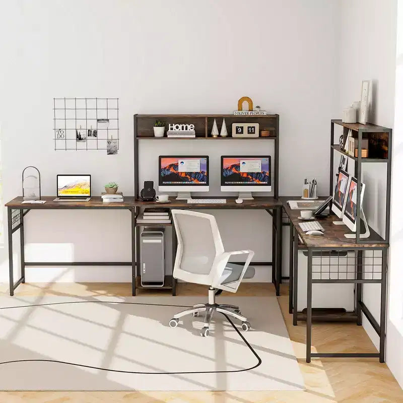 Costway L-shaped Desk with Power Outlet Large Corner Desk Converts to 2-Person Long Desk Rustic Brown/Black