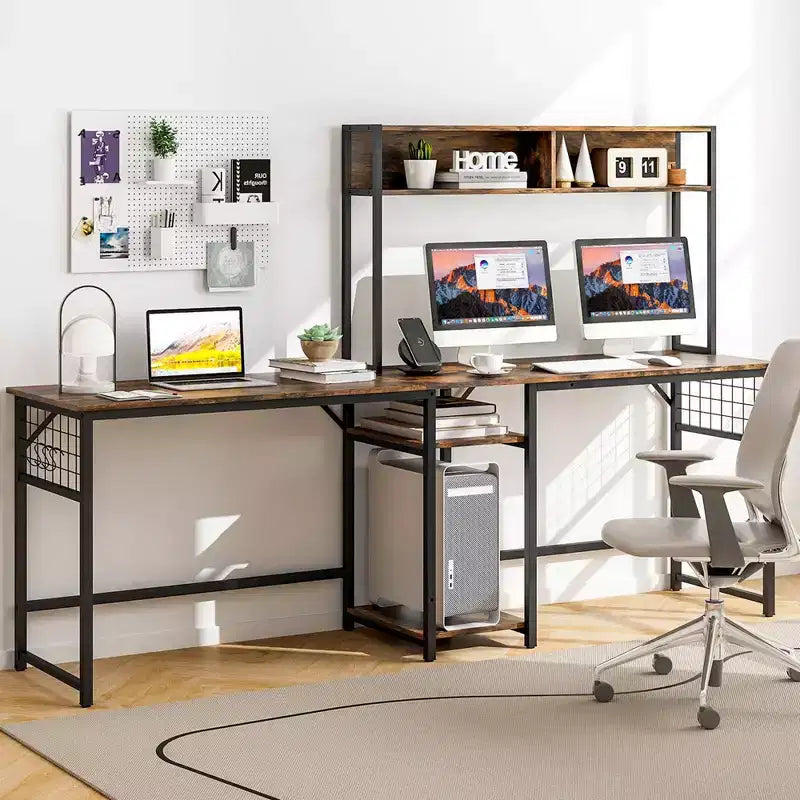 Costway L-shaped Desk with Power Outlet Large Corner Desk Converts to 2-Person Long Desk Rustic Brown/Black