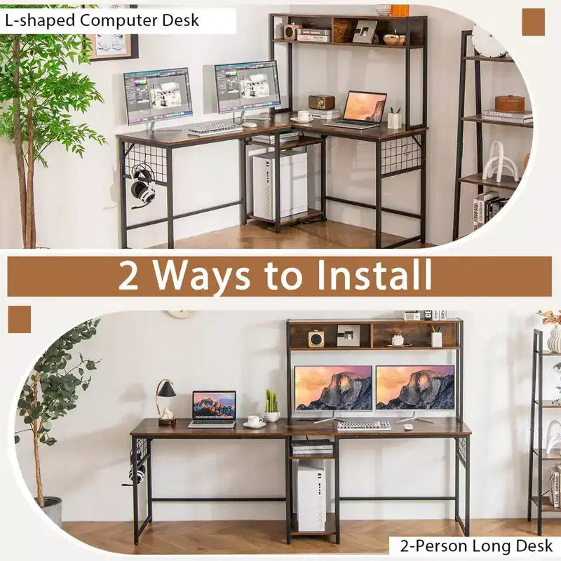 Costway L-shaped Desk with Power Outlet Large Corner Desk Converts to 2-Person Long Desk Rustic Brown/Black