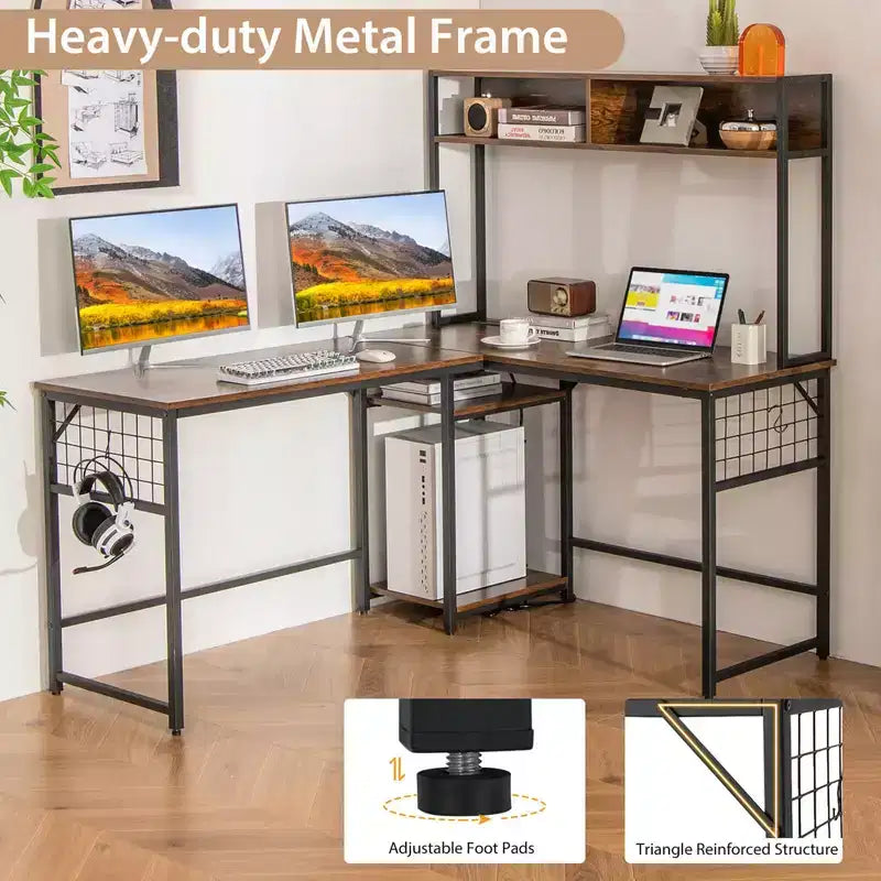 Costway L-shaped Desk with Power Outlet Large Corner Desk Converts to 2-Person Long Desk Rustic Brown/Black