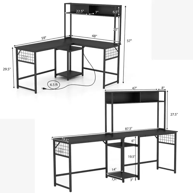 Costway L-shaped Desk with Power Outlet Large Corner Desk Converts to 2-Person Long Desk Rustic Brown/Black