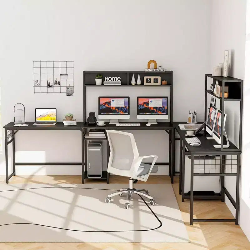 Costway L-shaped Desk with Power Outlet Large Corner Desk Converts to 2-Person Long Desk Rustic Brown/Black