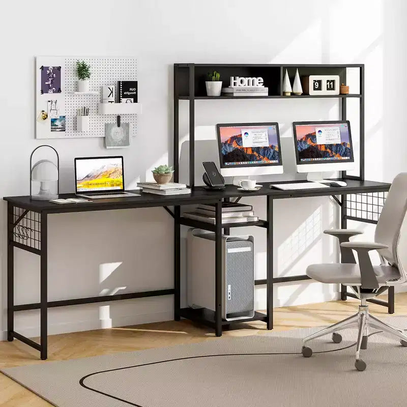 Costway L-shaped Desk with Power Outlet Large Corner Desk Converts to 2-Person Long Desk Rustic Brown/Black
