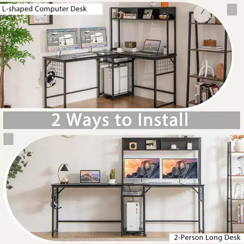 Costway L-shaped Desk with Power Outlet Large Corner Desk Converts to 2-Person Long Desk Rustic Brown/Black