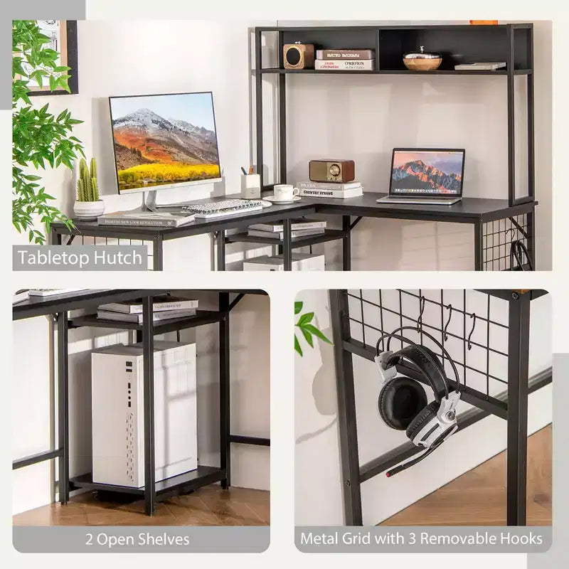 Costway L-shaped Desk with Power Outlet Large Corner Desk Converts to 2-Person Long Desk Rustic Brown/Black