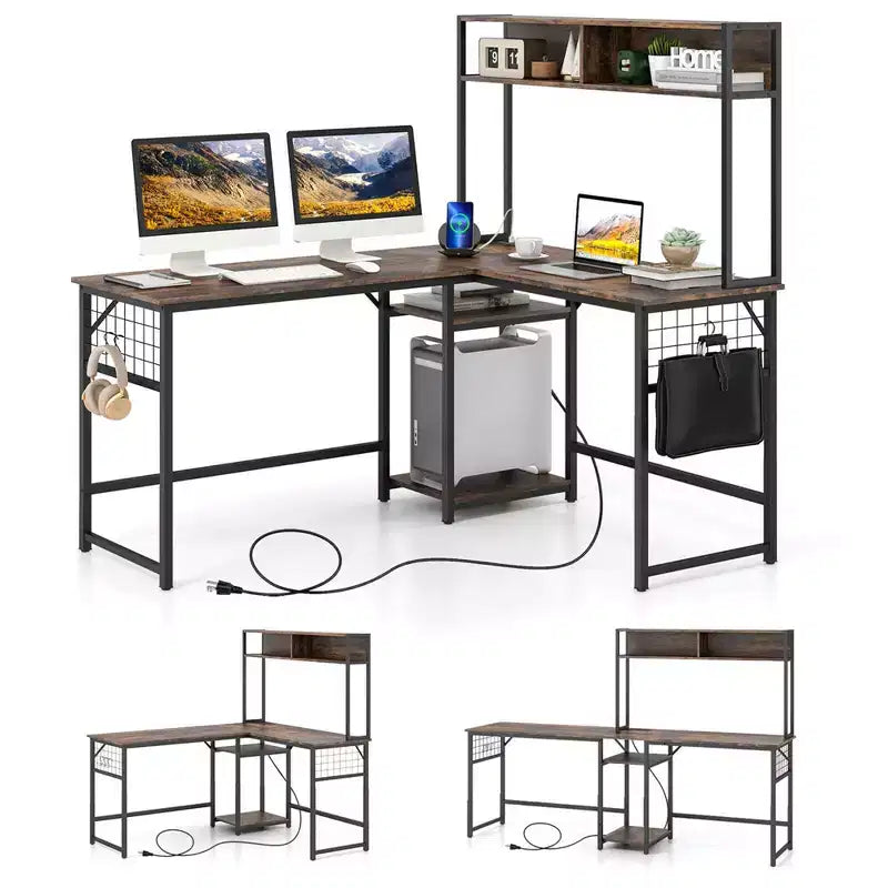 Costway L-shaped Desk with Power Outlet Large Corner Desk Converts to 2-Person Long Desk Rustic Brown/Black