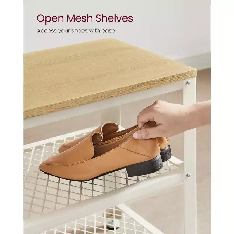 28.7 Shoe Rack Bench 3-Tier Shoe Shelf Storage Bench with Metal Mesh Shelves and Seat Shoe Rack