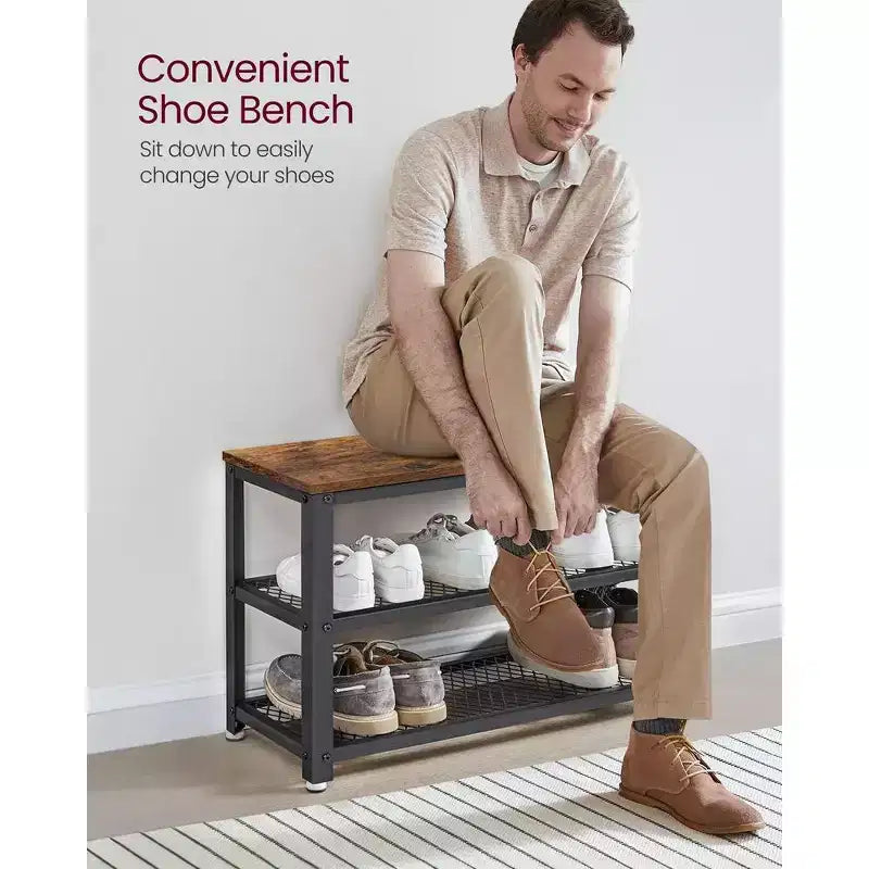 28.7 Shoe Rack Bench 3-Tier Shoe Shelf Storage Bench with Metal Mesh Shelves and Seat Shoe Rack