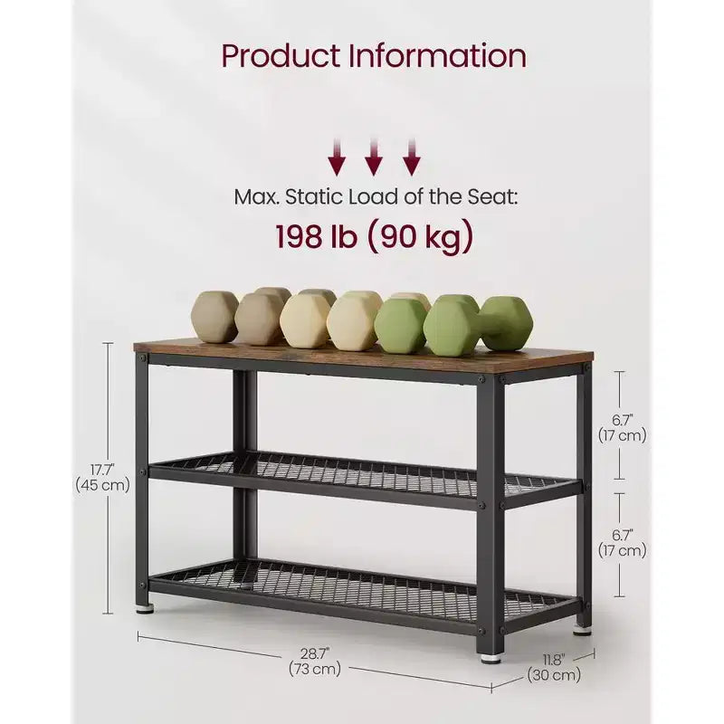 28.7 Shoe Rack Bench 3-Tier Shoe Shelf Storage Bench with Metal Mesh Shelves and Seat Shoe Rack