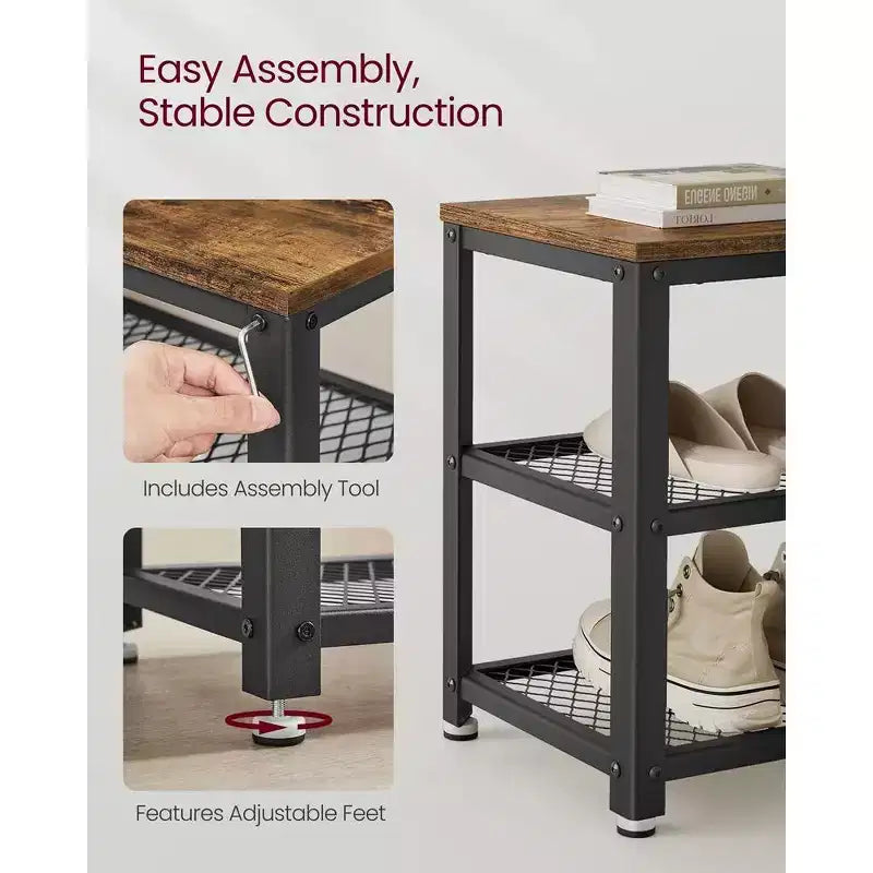 28.7 Shoe Rack Bench 3-Tier Shoe Shelf Storage Bench with Metal Mesh Shelves and Seat Shoe Rack