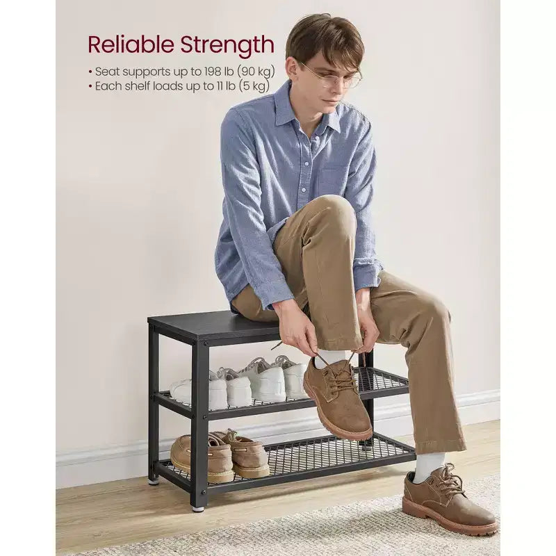 28.7 Shoe Rack Bench 3-Tier Shoe Shelf Storage Bench with Metal Mesh Shelves and Seat Shoe Rack