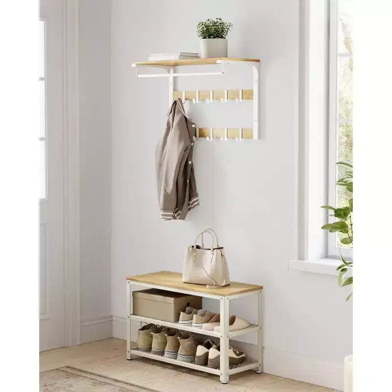 28.7 Shoe Rack Bench 3-Tier Shoe Shelf Storage Bench with Metal Mesh Shelves and Seat Shoe Rack