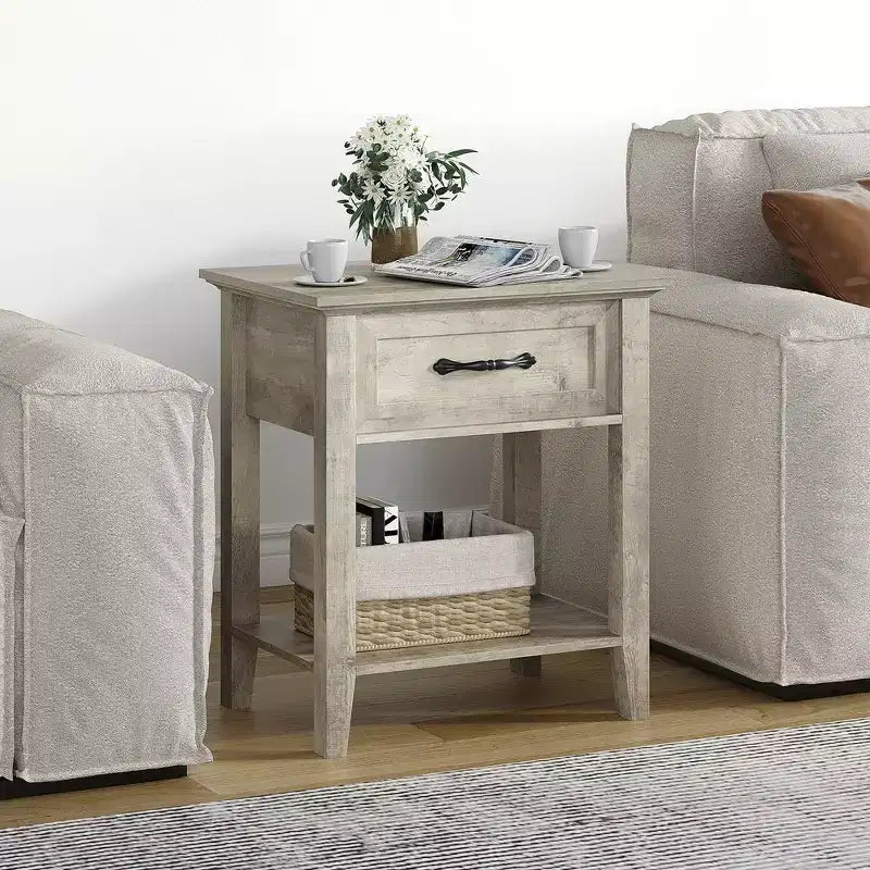 Garvee Nightstands Set of 2, Industrial Side/End Tables with Drawer and Storage Shelf, Night Stands for Bedroom, Living Room, 2 Pack, Grey