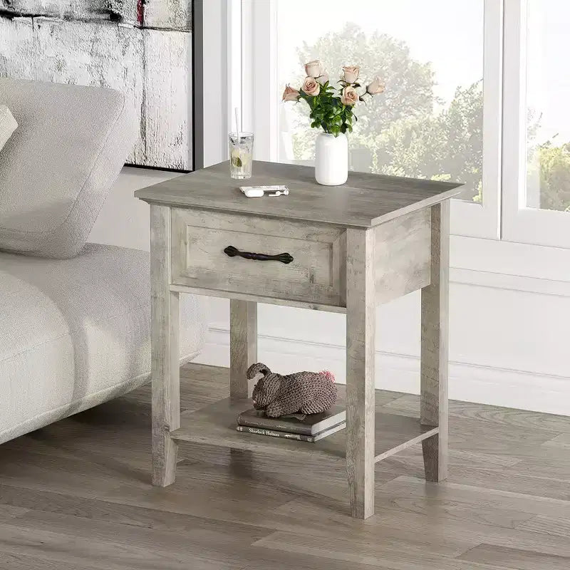 Garvee Nightstands Set of 2, Industrial Side/End Tables with Drawer and Storage Shelf, Night Stands for Bedroom, Living Room, 2 Pack, Grey