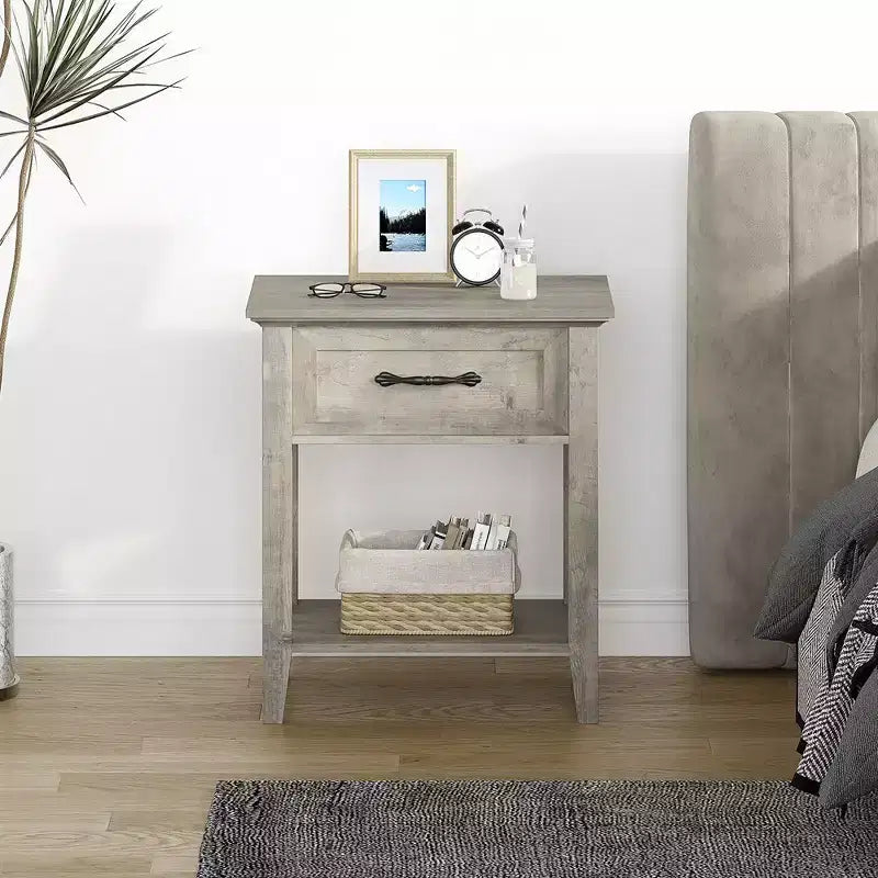 Garvee Nightstands Set of 2, Industrial Side/End Tables with Drawer and Storage Shelf, Night Stands for Bedroom, Living Room, 2 Pack, Grey