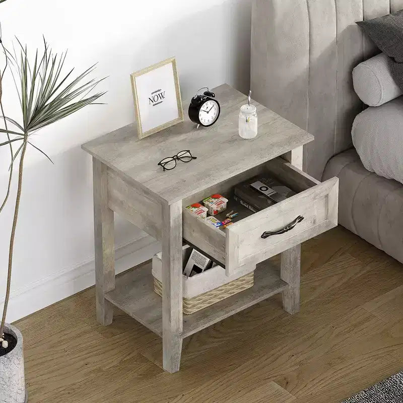 Garvee Nightstands Set of 2, Industrial Side/End Tables with Drawer and Storage Shelf, Night Stands for Bedroom, Living Room, 2 Pack, Grey
